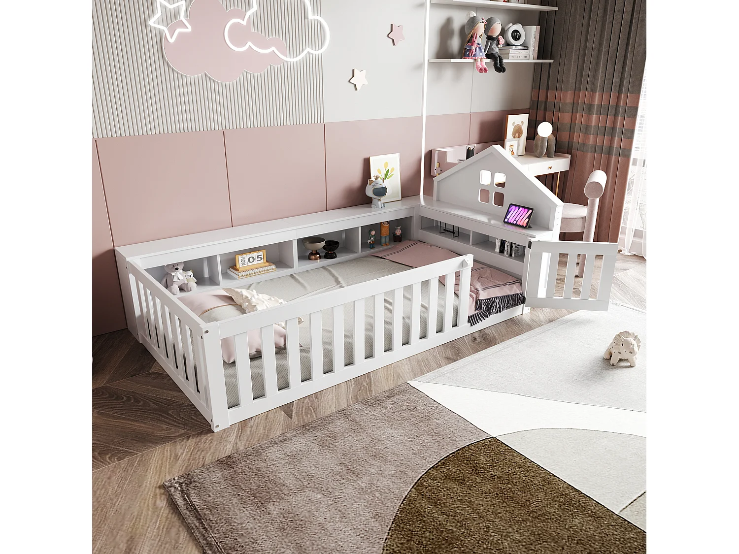 Letto per bambini - 90 x 200 cm - con finestra + contenitore + barriera di sicurezza + porta - Compensato + MDF + legno di pino - bianco