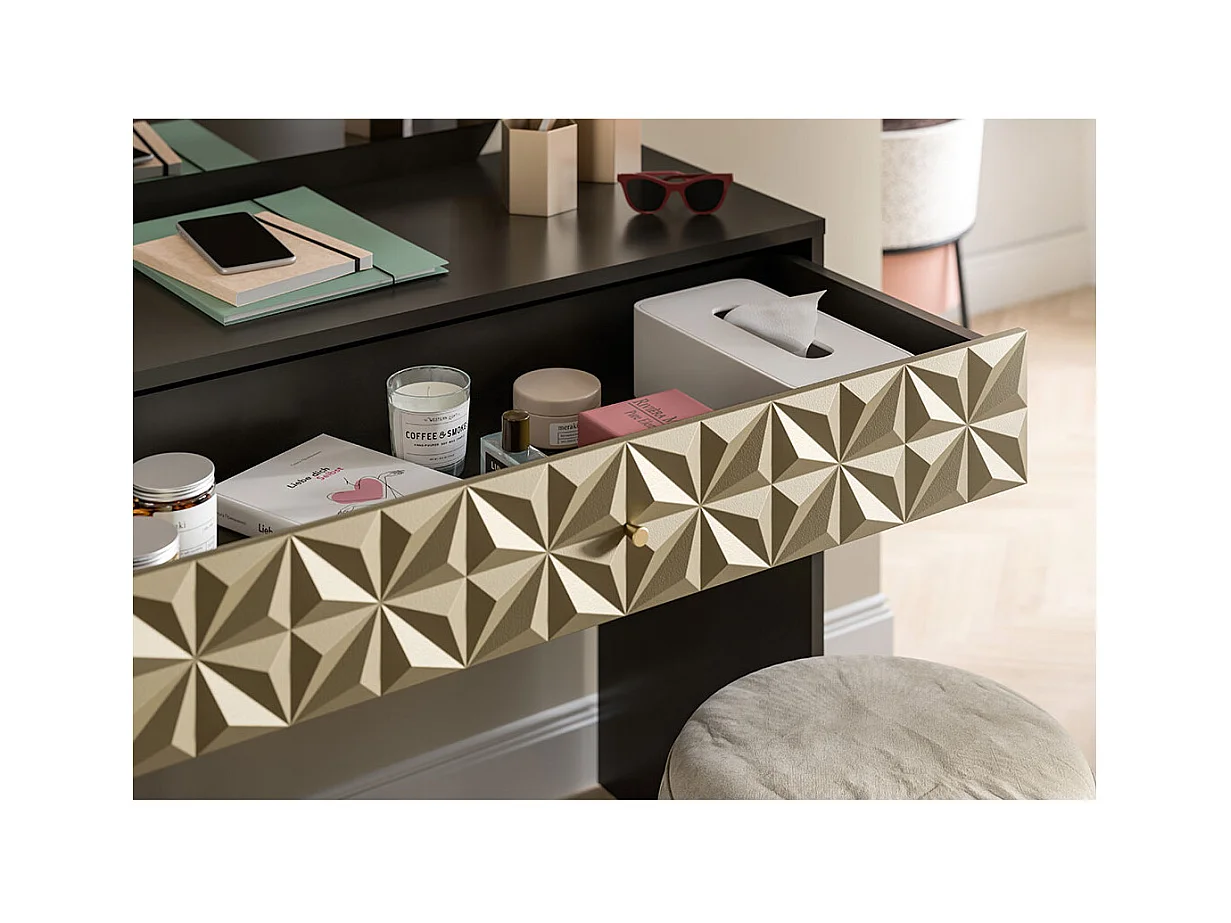 Prisma console 1 tiroir, 1 miroir noir, or.