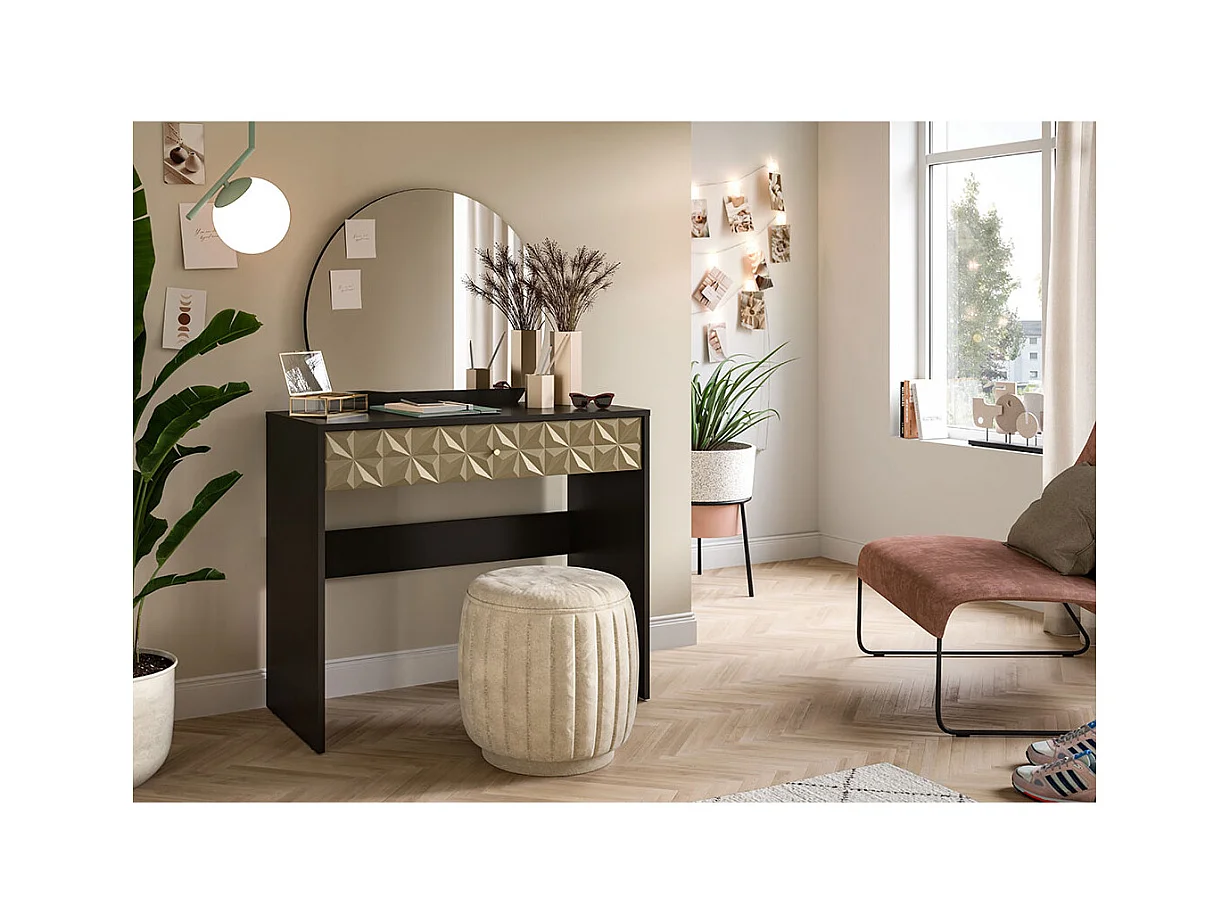 Prisma console 1 tiroir, 1 miroir noir, or.