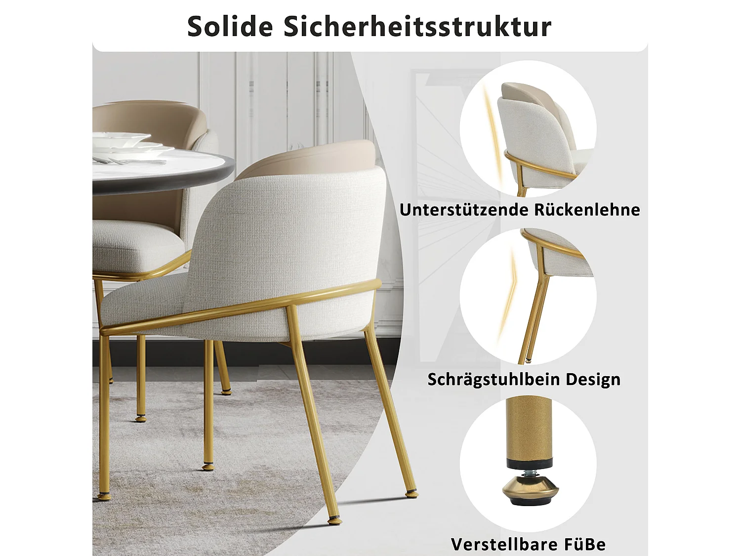 4er-Set Stühle – 55 x 55 x 85 cm – Verstellbare Kippfüße – Metall + Kunstleder – Beige