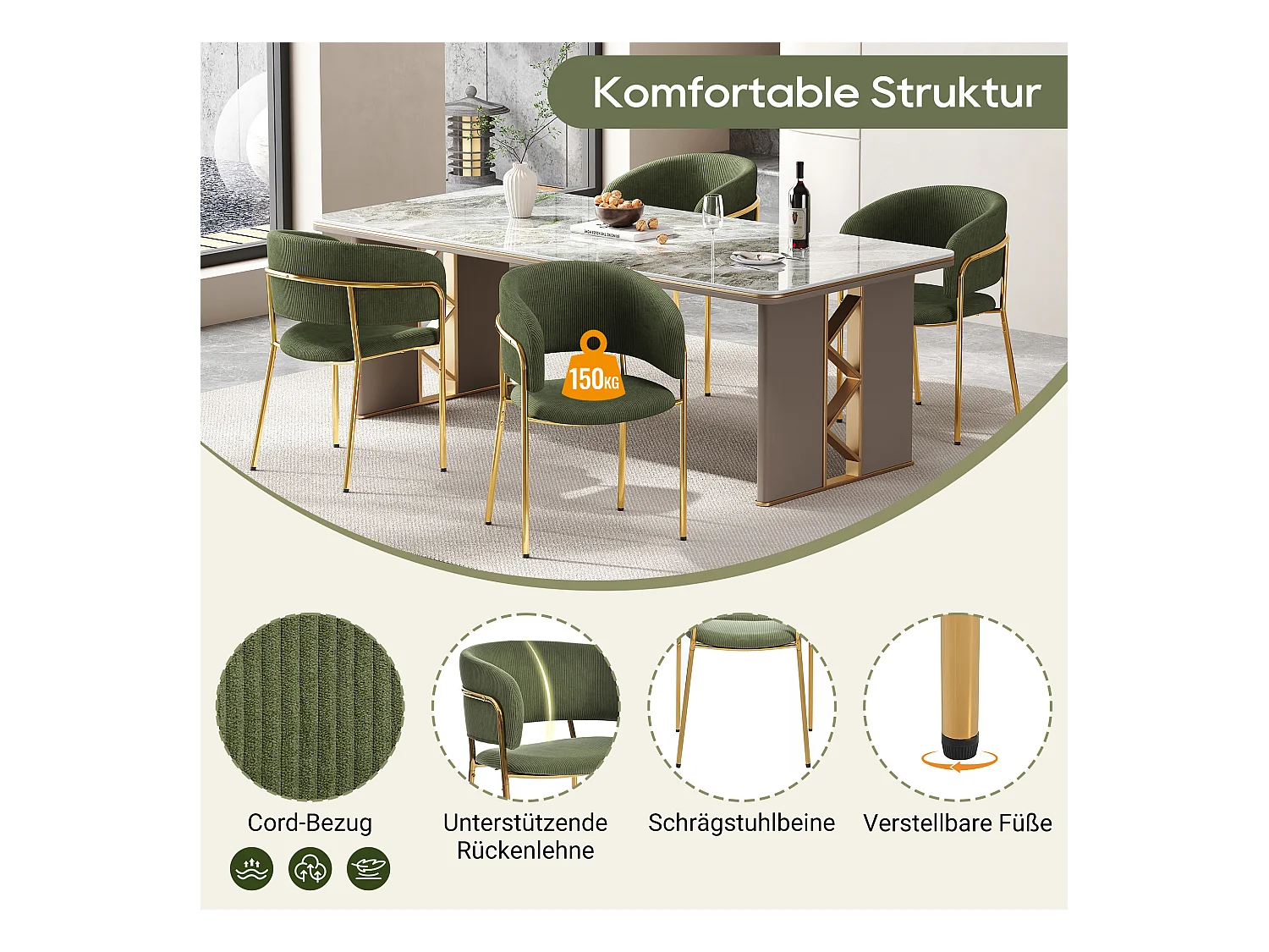 Juego de 2 sillas - 55 x 55 x 80 cm - patas ajustables - metal + polipiel - verde