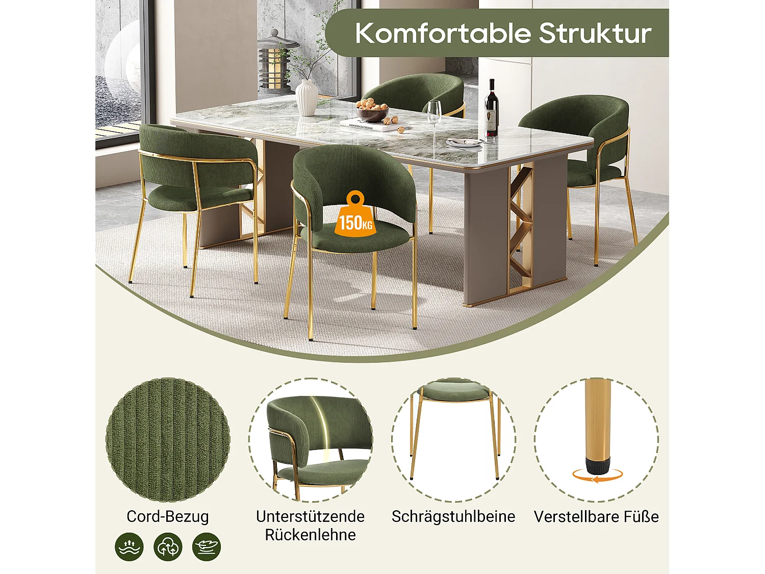 Lot de 2 chaises - 55 x 55 x 80 cm - pieds réglables - métal + similicuir - vert