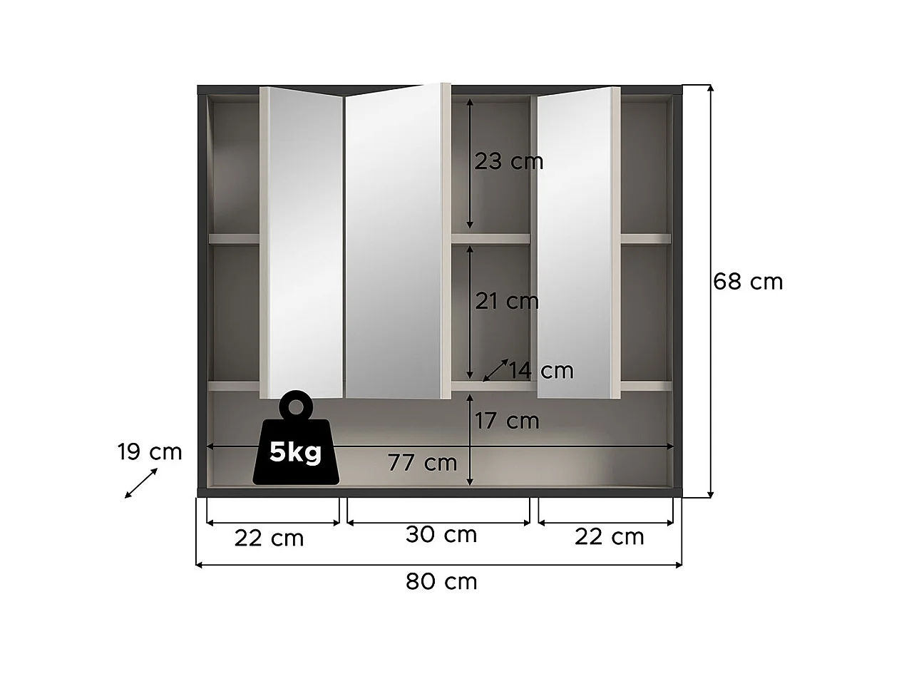 Bagno armoir de salle de bain avec miroir 3 portes miroir gris clair, crème.