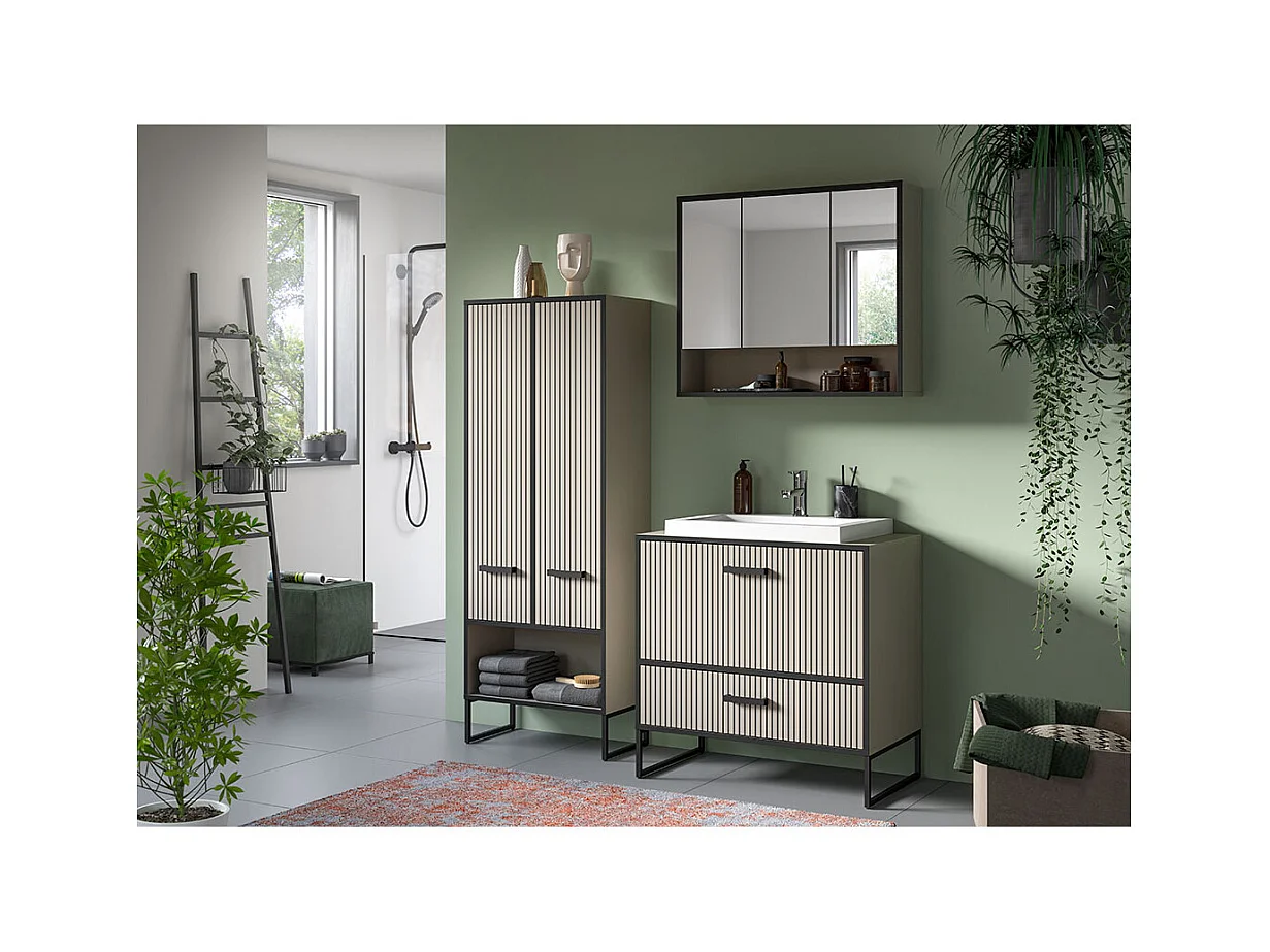 Bagno armoir de salle de bain avec miroir 3 portes miroir gris clair, crème.