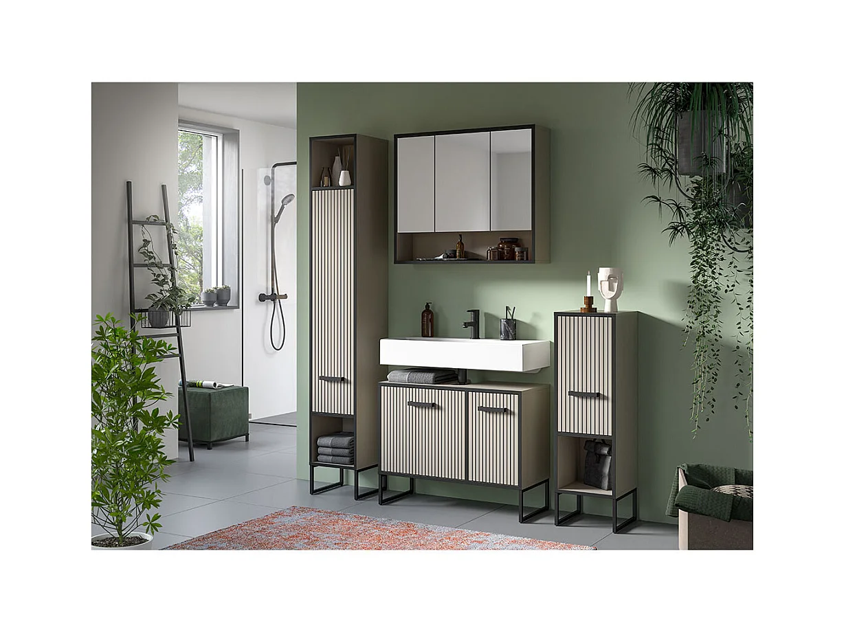 Bagno armoir de salle de bain avec miroir 3 portes miroir gris clair, crème.