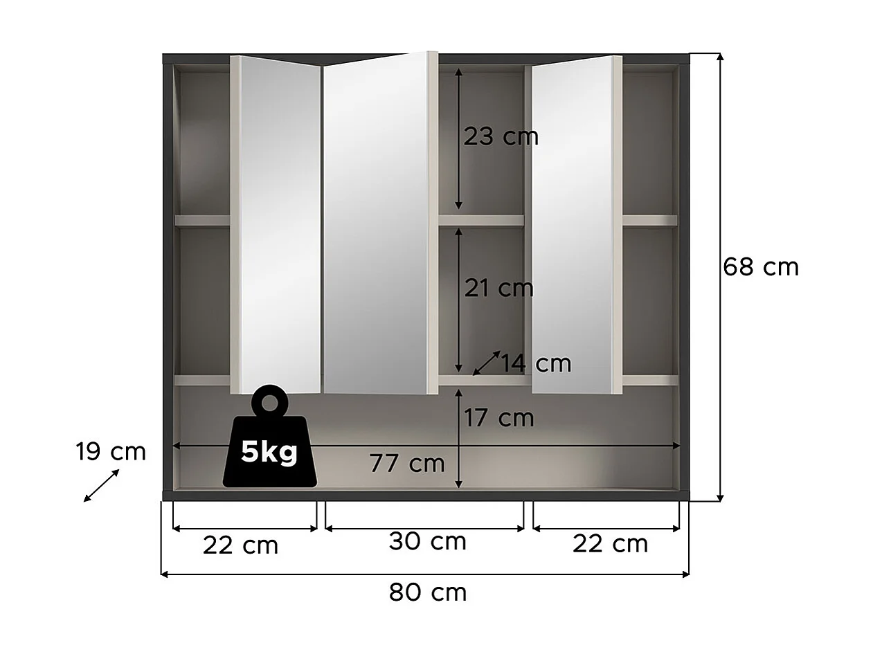 Bagno armoir de salle de bain avec miroir 3 portes miroir gris clair, crème.