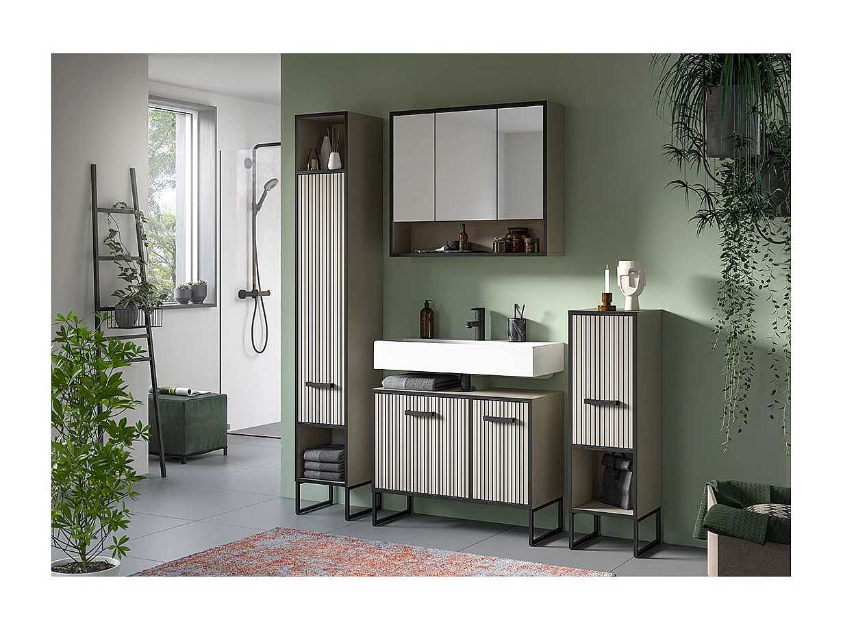 Bagno spiegelkast 3 spiegeldeuren lichtgrijs, crèmekleurig.