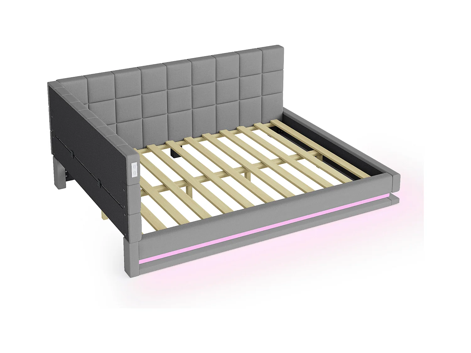 Sofa tapicerowana z funkcją spania - 160 x 200 cm - z LED + USB + stelaż - aksamit - szary