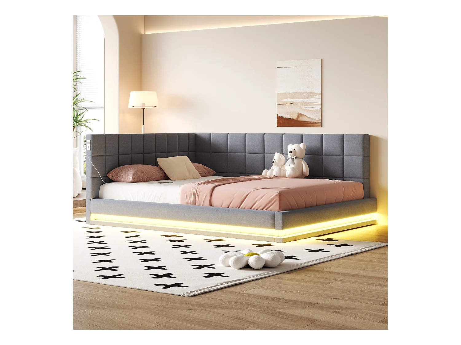 Gepolstertes Schlafsofa - 160 x 200 cm - mit LEDs + USB + Lattenrost - Samt - grau