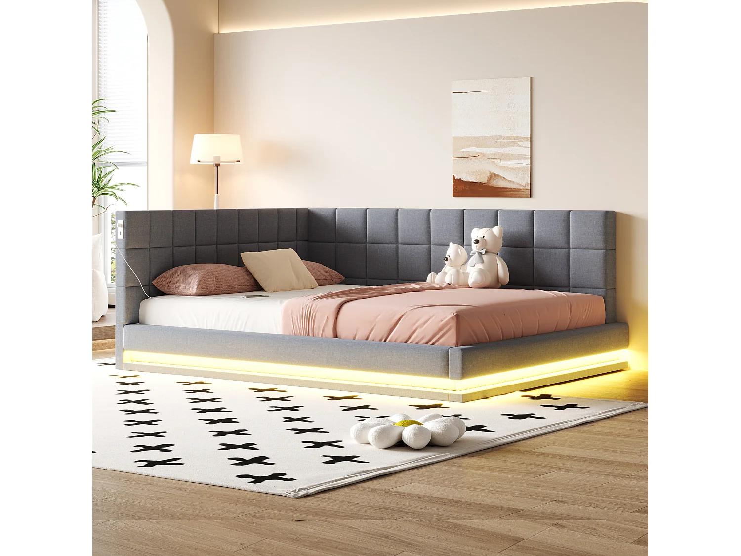 Canapé-lit rembourré - 160 x 200 cm - avec Leds + USB + sommier à lattes - velours - gris