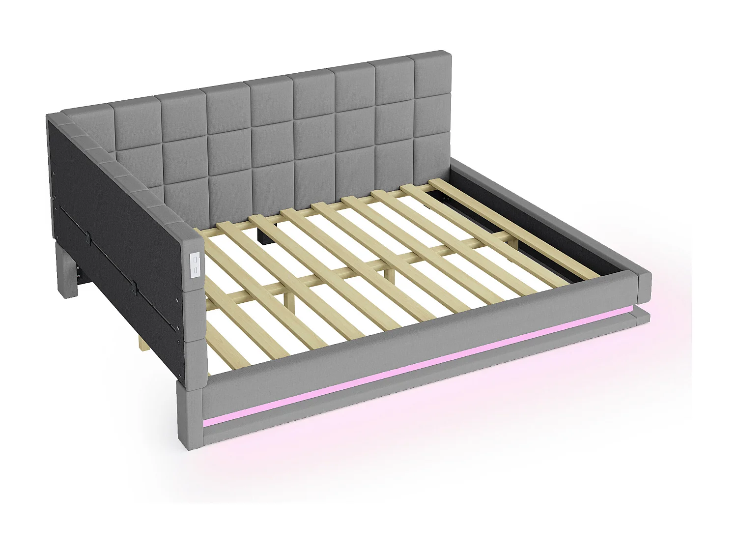 Canapé-lit rembourré - 160 x 200 cm - avec Leds + USB + sommier à lattes - velours - gris