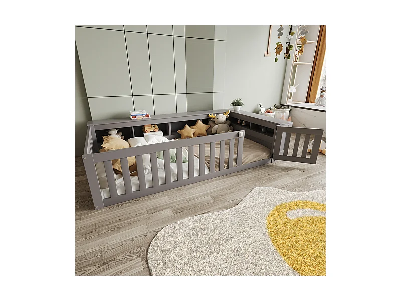 Kinderbett - 90 x 200 cm - mit Stauraum + Rausfallschutz + Tür - Sperrholz + MDF + Kiefernholz - grau