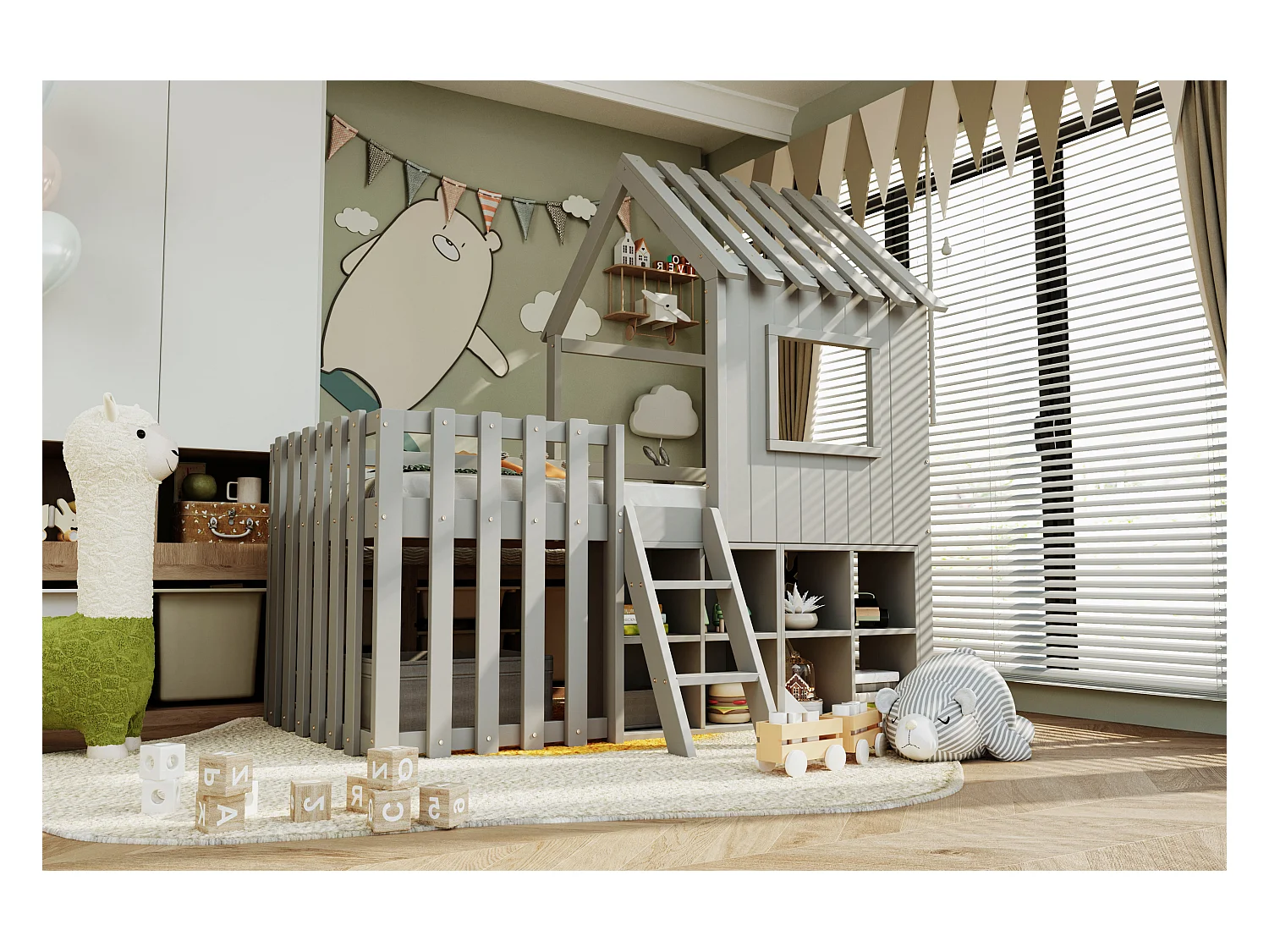 Lit cabane pour enfant - 90 x 200 - avec toit + fenêtre + rangement + échelle d'escalade - Pin + contreplaqué + MDF - gris