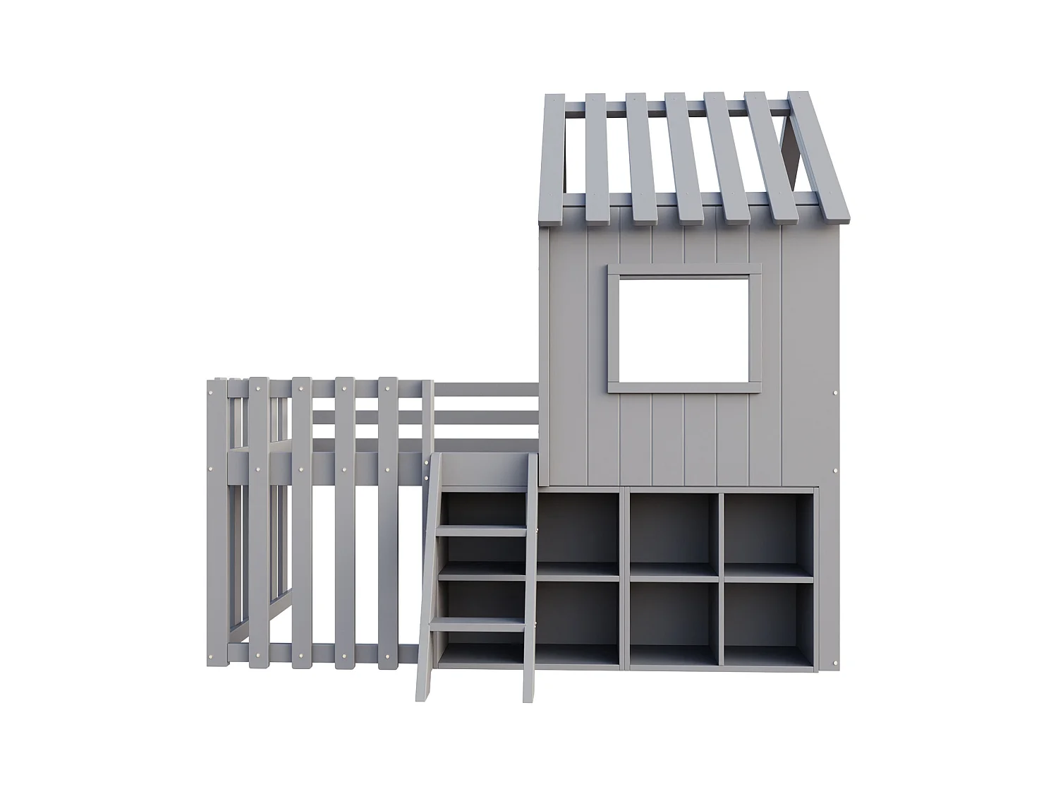 Lit cabane pour enfant - 90 x 200 - avec toit + fenêtre + rangement + échelle d'escalade - Pin + contreplaqué + MDF - gris