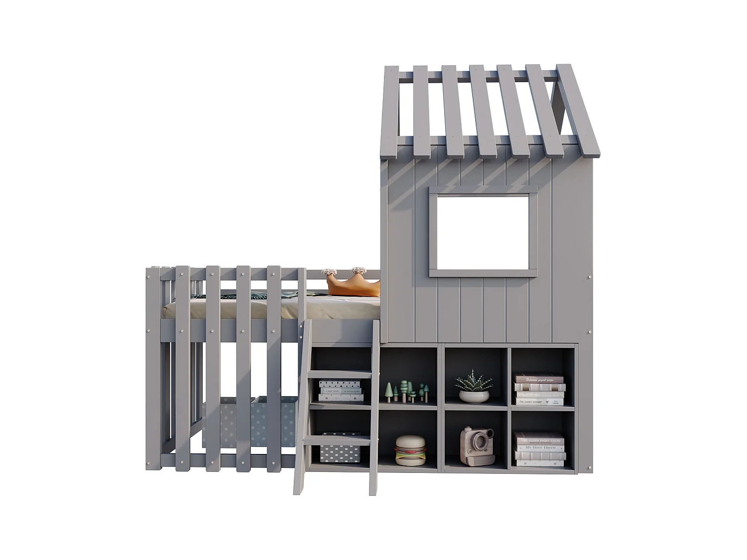 Lit cabane pour enfant - 90 x 200 - avec toit + fenêtre + rangement + échelle d'escalade - Pin + contreplaqué + MDF - gris