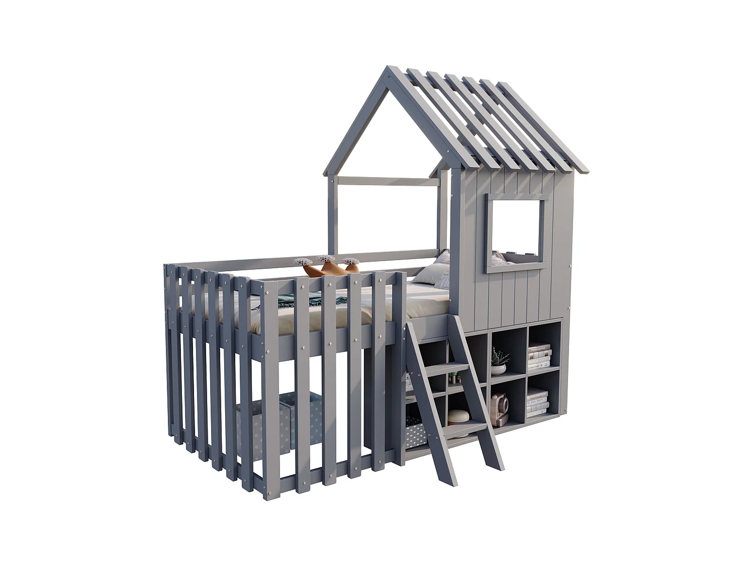 Lit cabane pour enfant - 90 x 200 - avec toit + fenêtre + rangement + échelle d'escalade - Pin + contreplaqué + MDF - gris