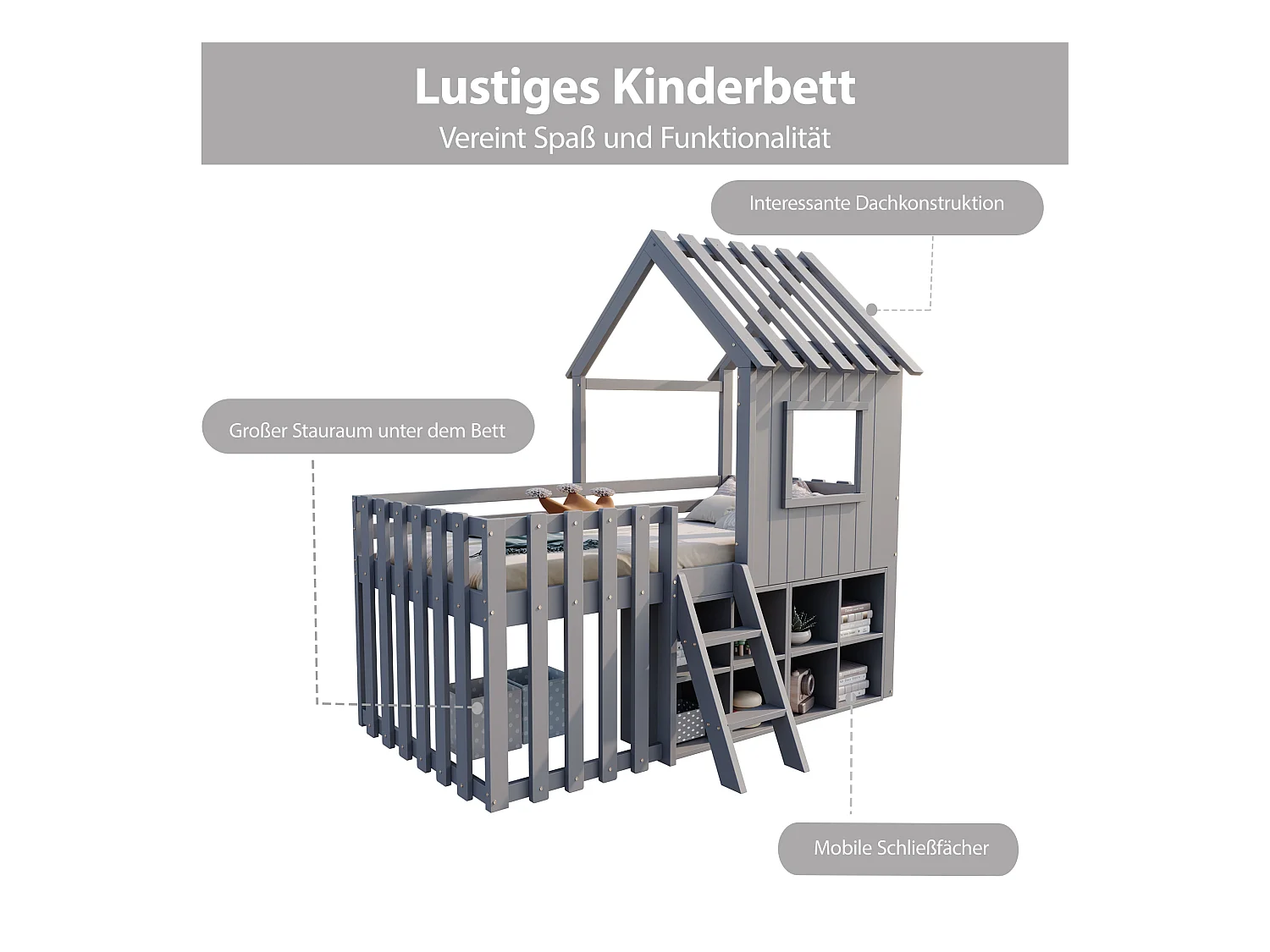 Lit cabane pour enfant - 90 x 200 - avec toit + fenêtre + rangement + échelle d'escalade - Pin + contreplaqué + MDF - gris