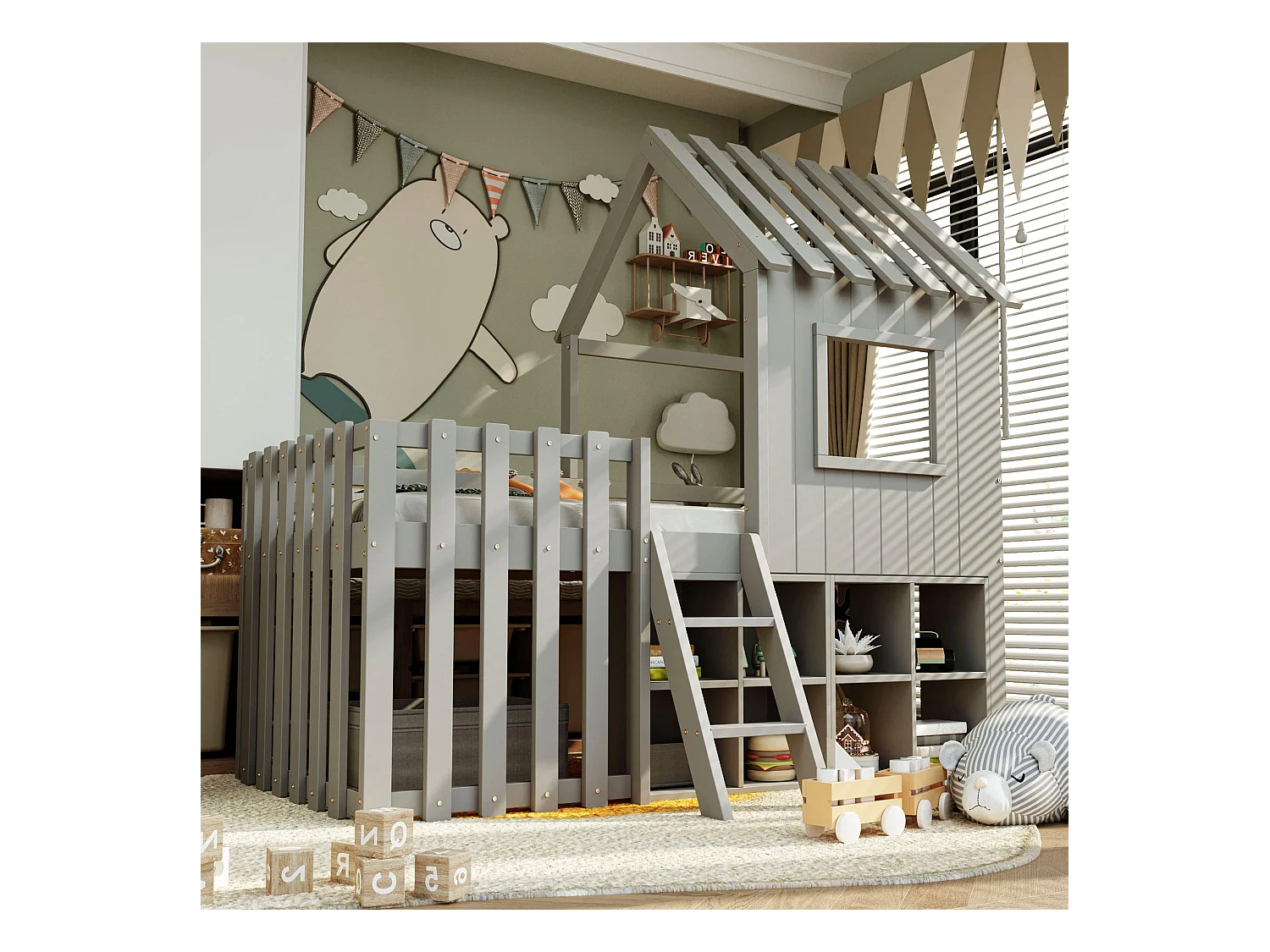 Lit cabane pour enfant - 90 x 200 - avec toit + fenêtre + rangement + échelle d'escalade - Pin + contreplaqué + MDF - gris