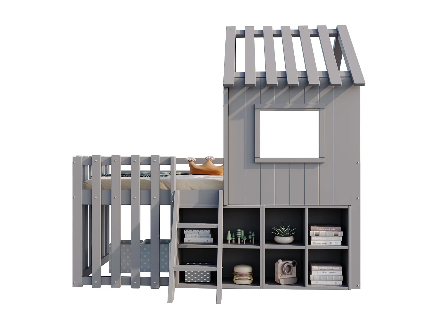 Lit cabane pour enfant - 90 x 200 - avec toit + fenêtre + rangement + échelle d'escalade - Pin + contreplaqué + MDF - gris