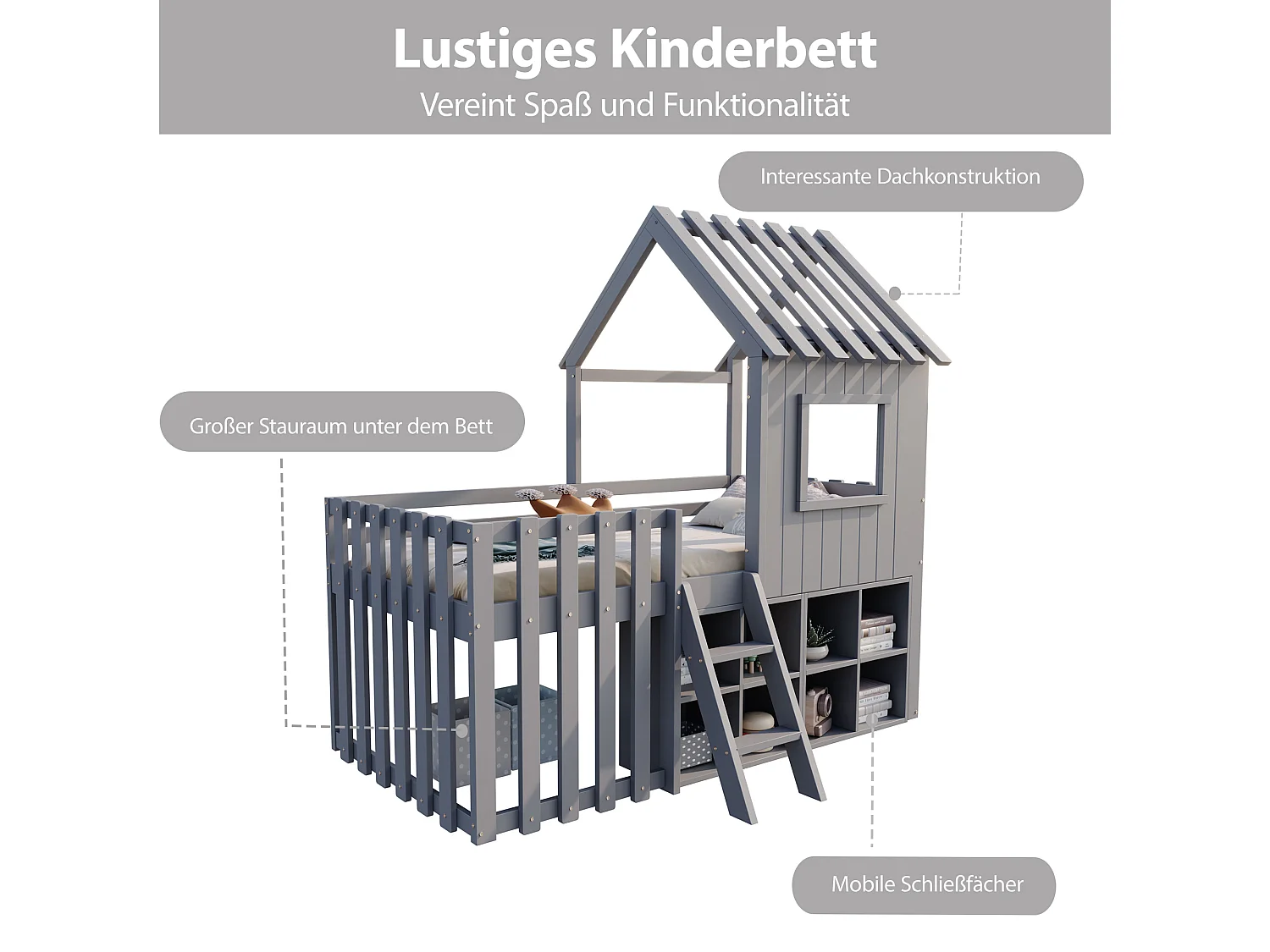 Lit cabane pour enfant - 90 x 200 - avec toit + fenêtre + rangement + échelle d'escalade - Pin + contreplaqué + MDF - gris