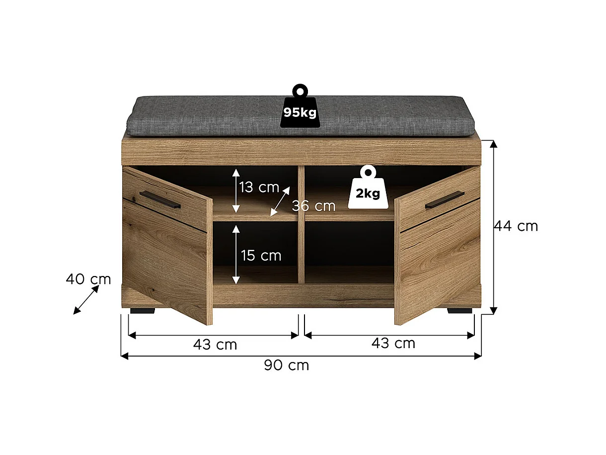 Scout banc avec coussin 2 portes chêne décor.