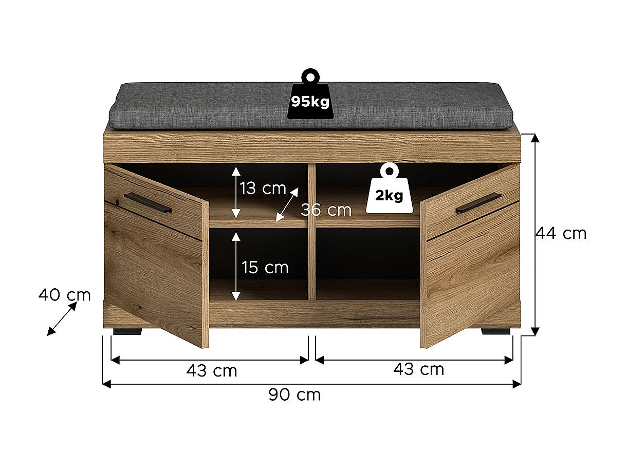 Scout banc avec coussin 2 portes chêne décor.