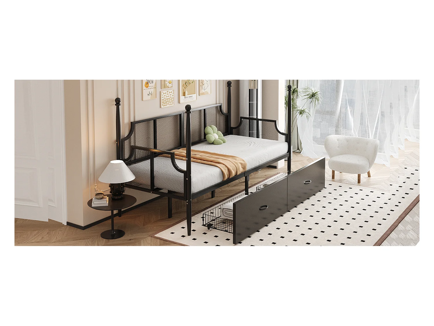 Canapé-lit en fer - 90 x 200 cm - dossier et accoudoirs en résille de style vintage + 2 rangements - métal - noir