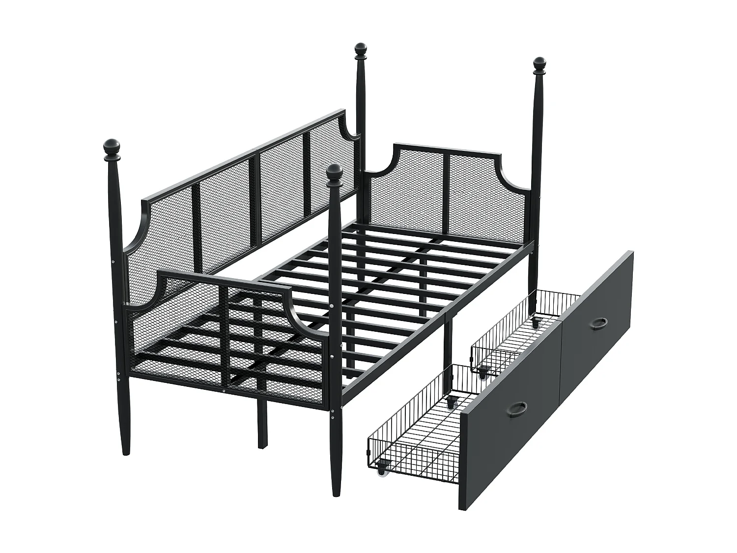 Schlafsofa aus Eisen – 90 x 200 cm – Netzrückenlehne und Armlehnen im Vintage-Stil + 2 Ablagefächer – Metall – Schwarz