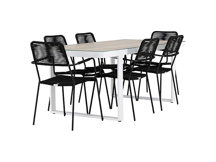 Merlo set de jardin table 90x200cm blanc, 6 chaises noires.