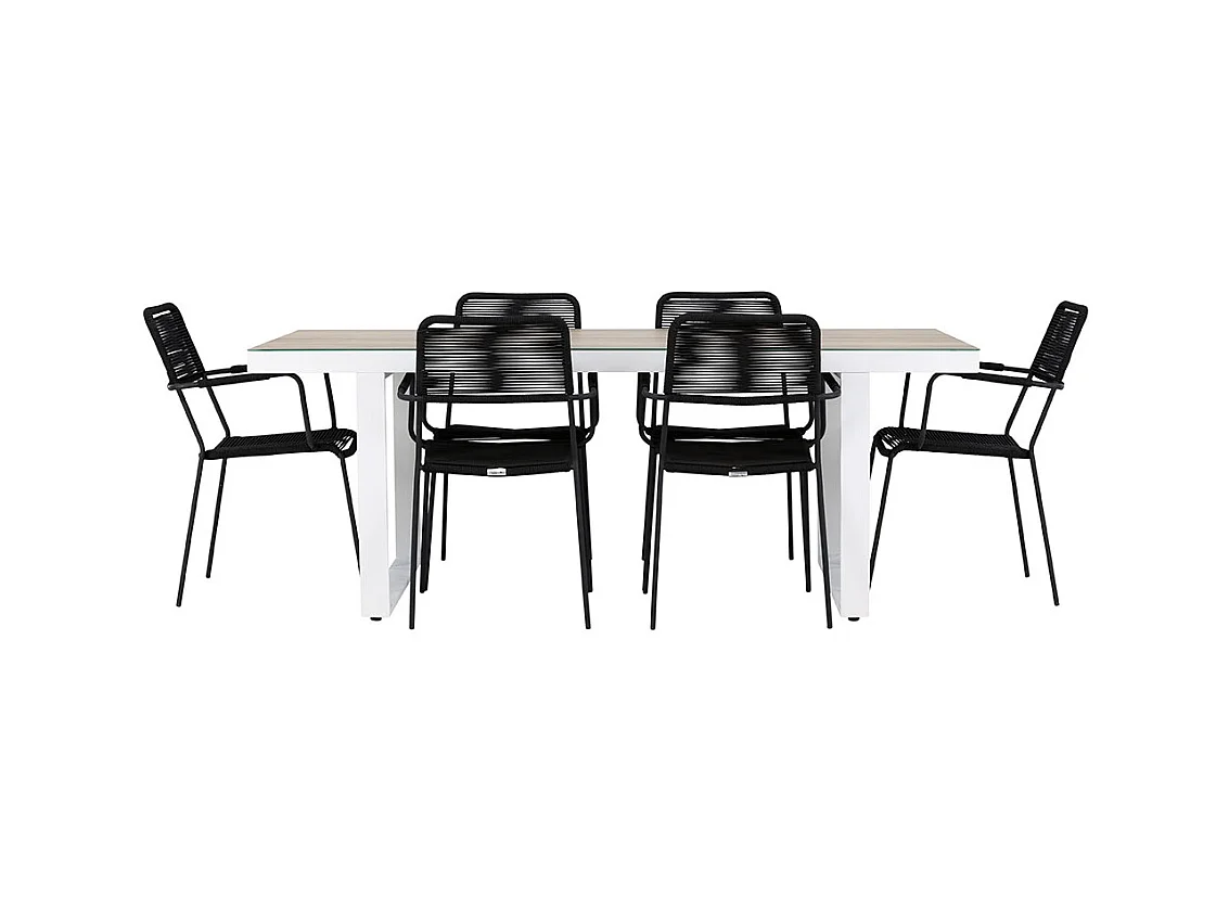 Merlo set de jardin table 90x200cm blanc, 6 chaises noires.