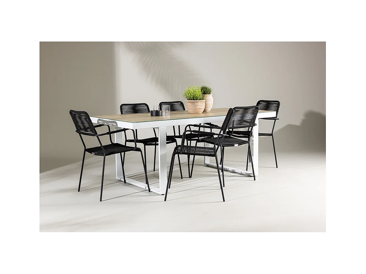 Merlo set de jardin table 90x200cm blanc, 6 chaises noires.