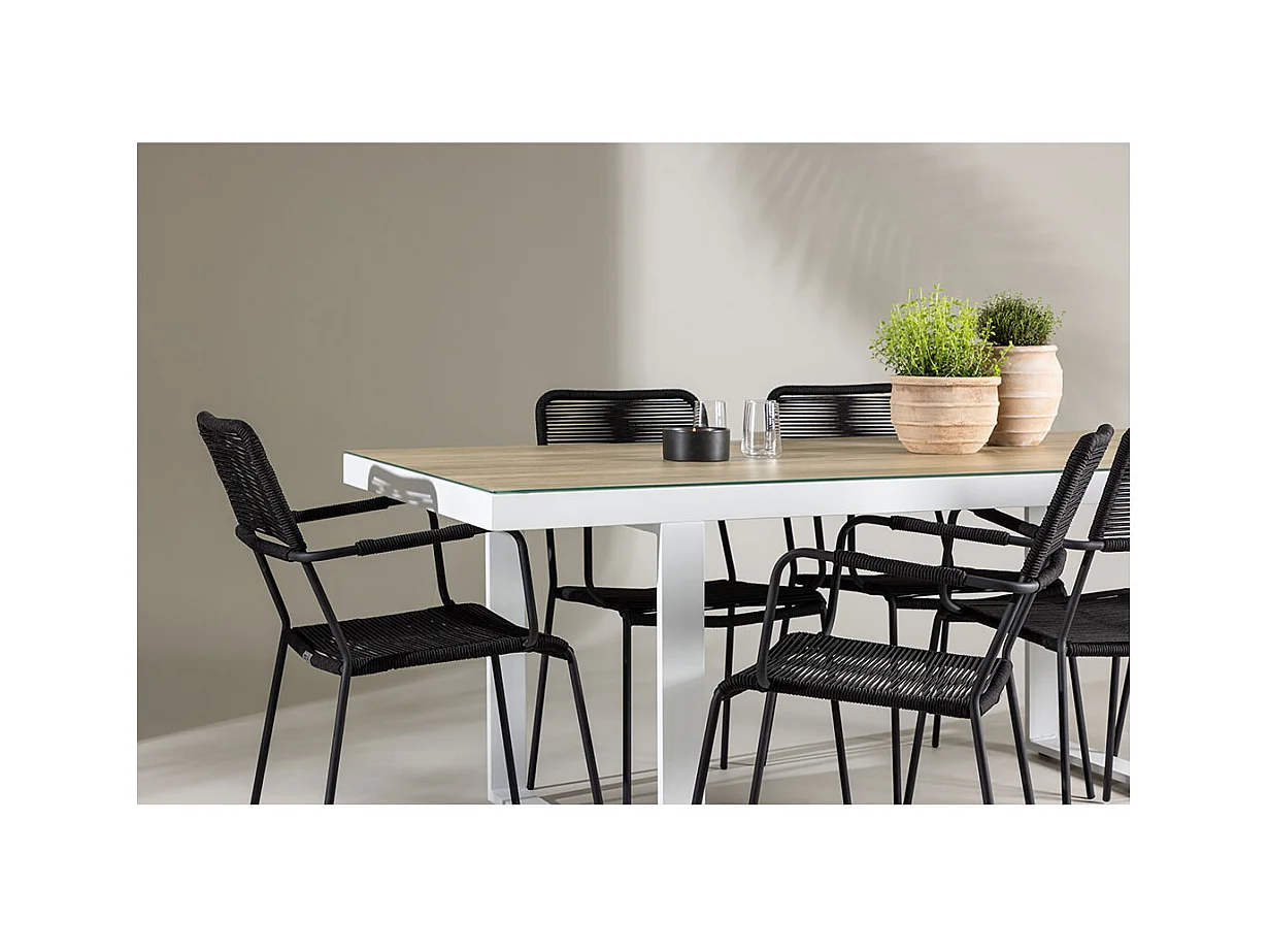 Merlo set de jardin table 90x200cm blanc, 6 chaises noires.