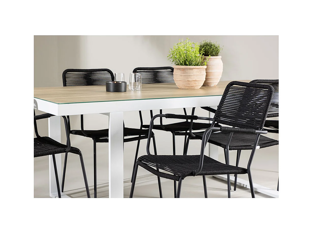 Merlo set de jardin table 90x200cm blanc, 6 chaises noires.