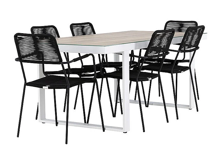 Merlo set de jardin table 90x200cm blanc, 6 chaises noires.