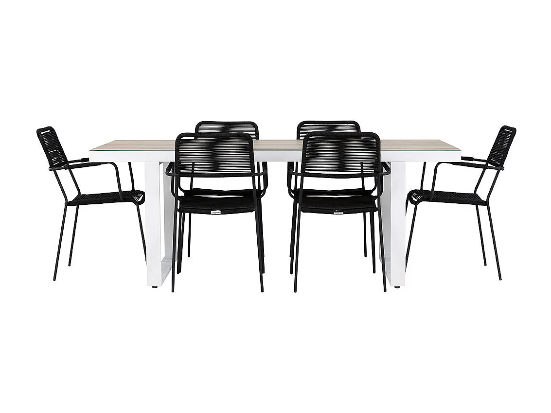 Merlo set de jardin table 90x200cm blanc, 6 chaises noires.