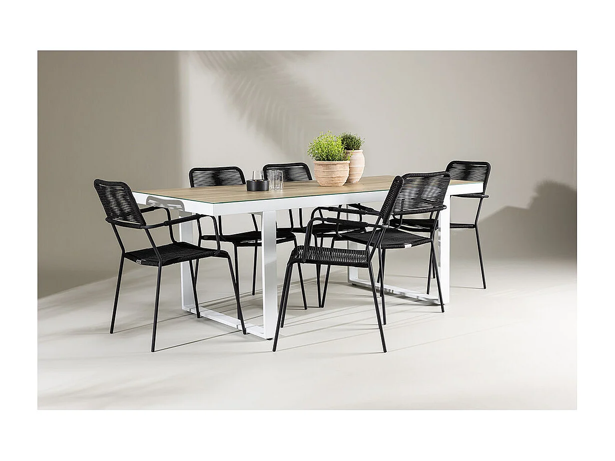 Merlo set de jardin table 90x200cm blanc, 6 chaises noires.