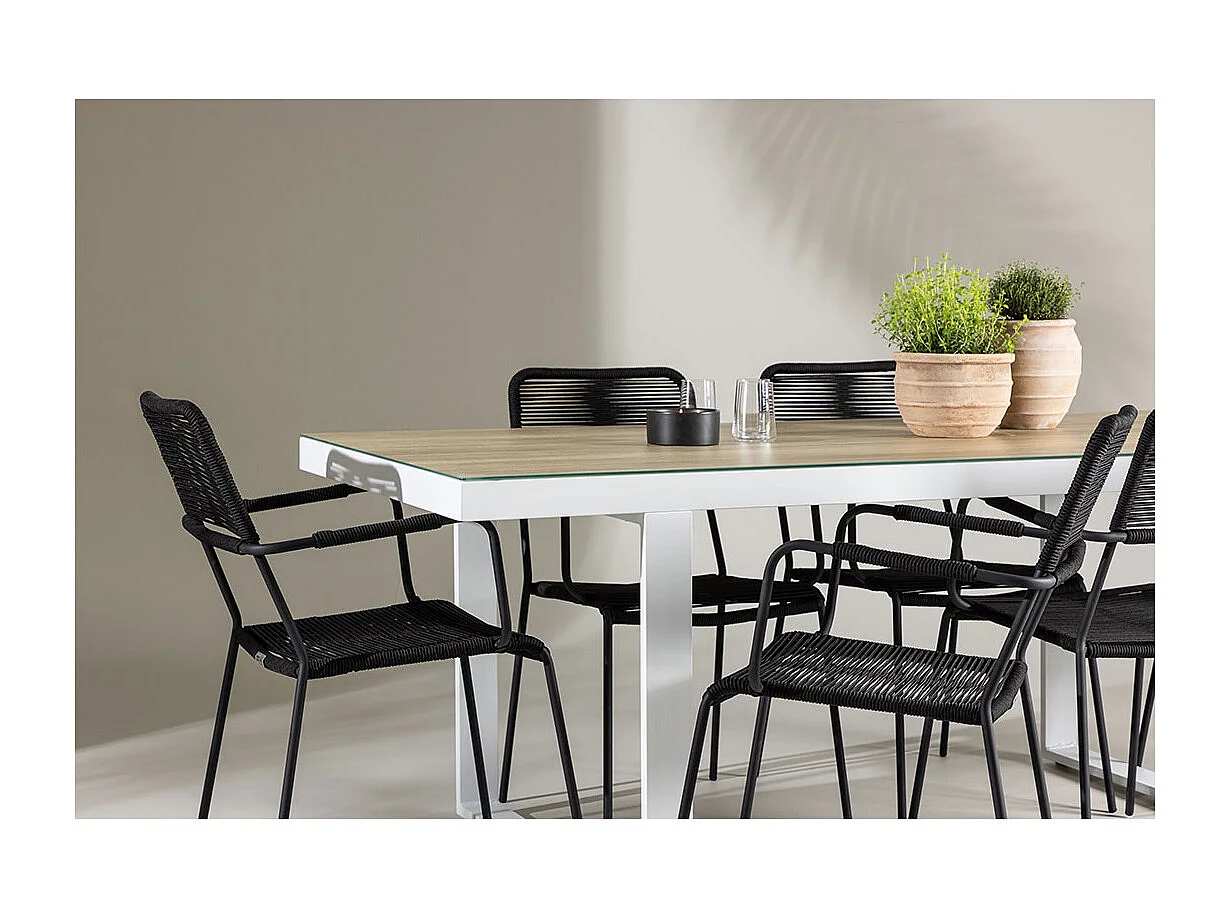 Merlo set de jardin table 90x200cm blanc, 6 chaises noires.