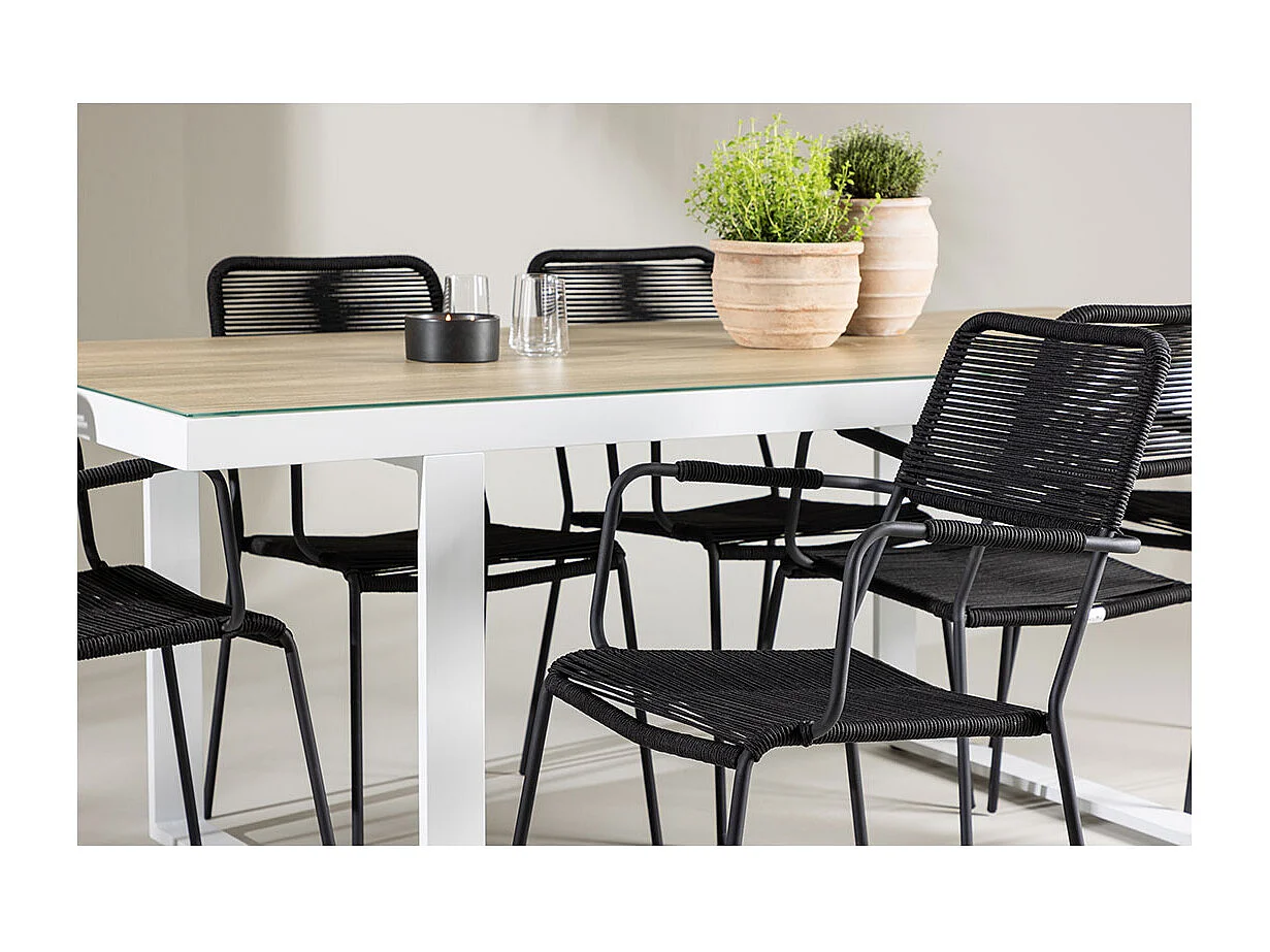 Merlo set de jardin table 90x200cm blanc, 6 chaises noires.