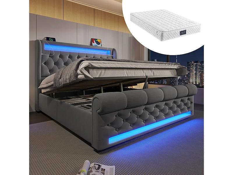 Lit coffre rembourré - 140 x 200 cm - avec Leds - tête de lit avec rangement et USB - avec matelas - velours - gris