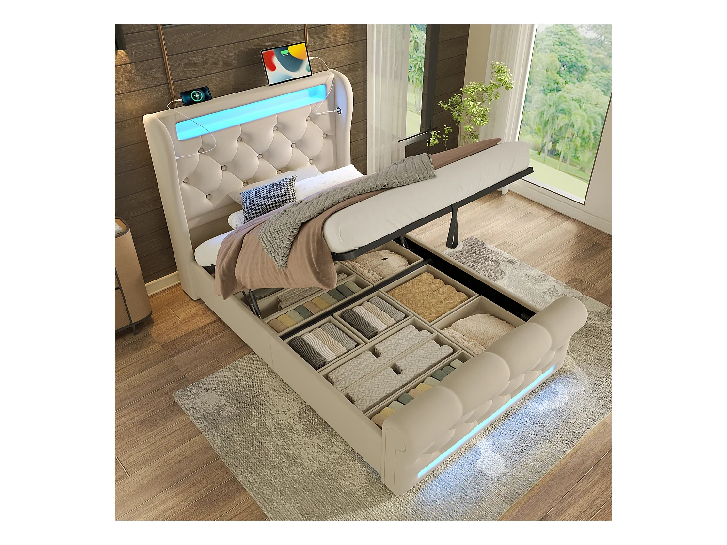 Polsterbett mit Stauraum - 90 x 200 cm - mit LEDs - Stauraum-Kopfteil und USB - Samt - Beige