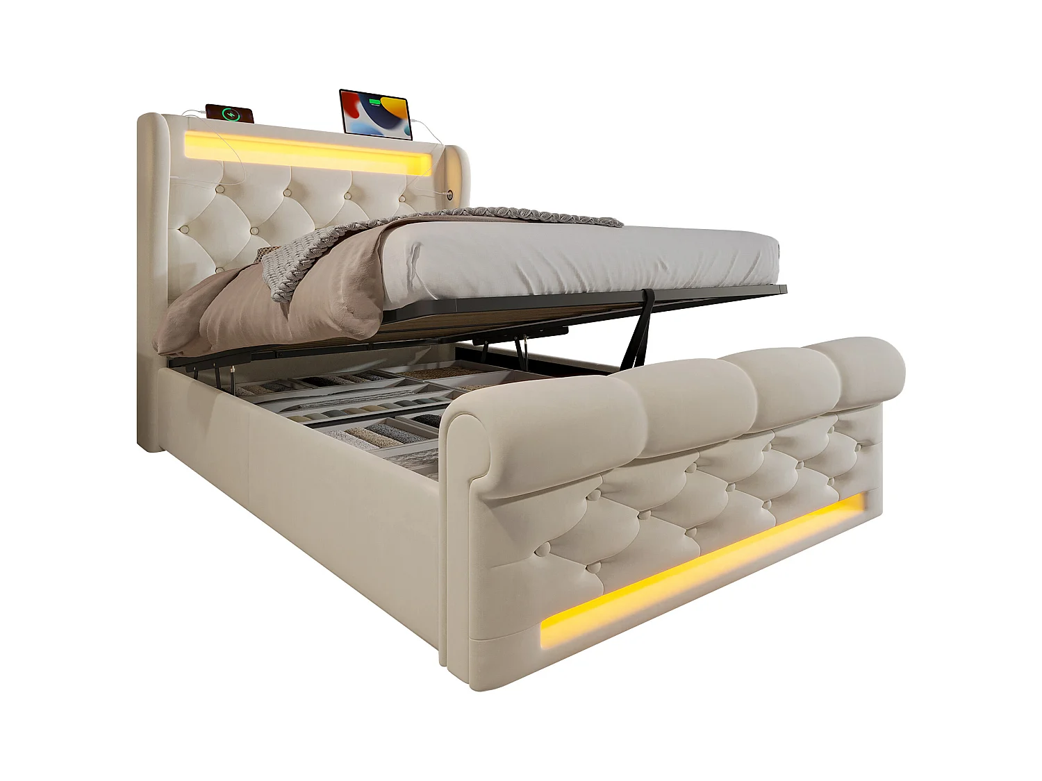Polsterbett mit Stauraum - 90 x 200 cm - mit LEDs - Stauraum-Kopfteil und USB - Samt - Beige