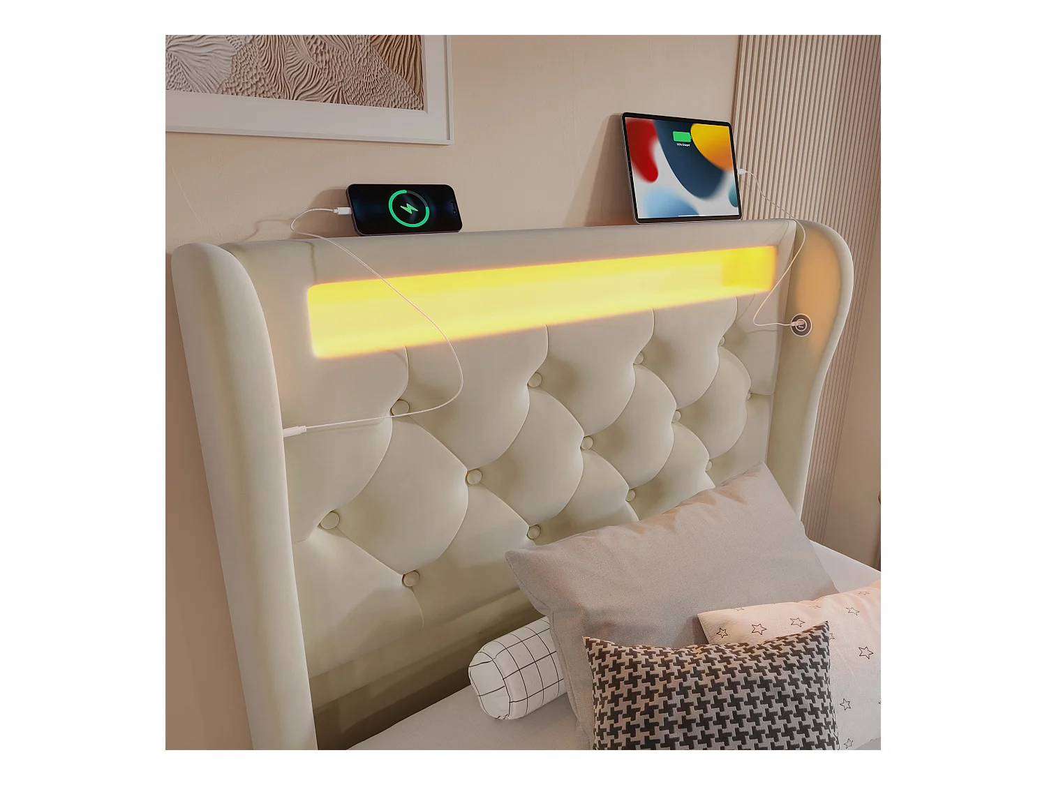Polsterbett mit Stauraum - 90 x 200 cm - mit LEDs - Stauraum-Kopfteil und USB - Samt - Beige