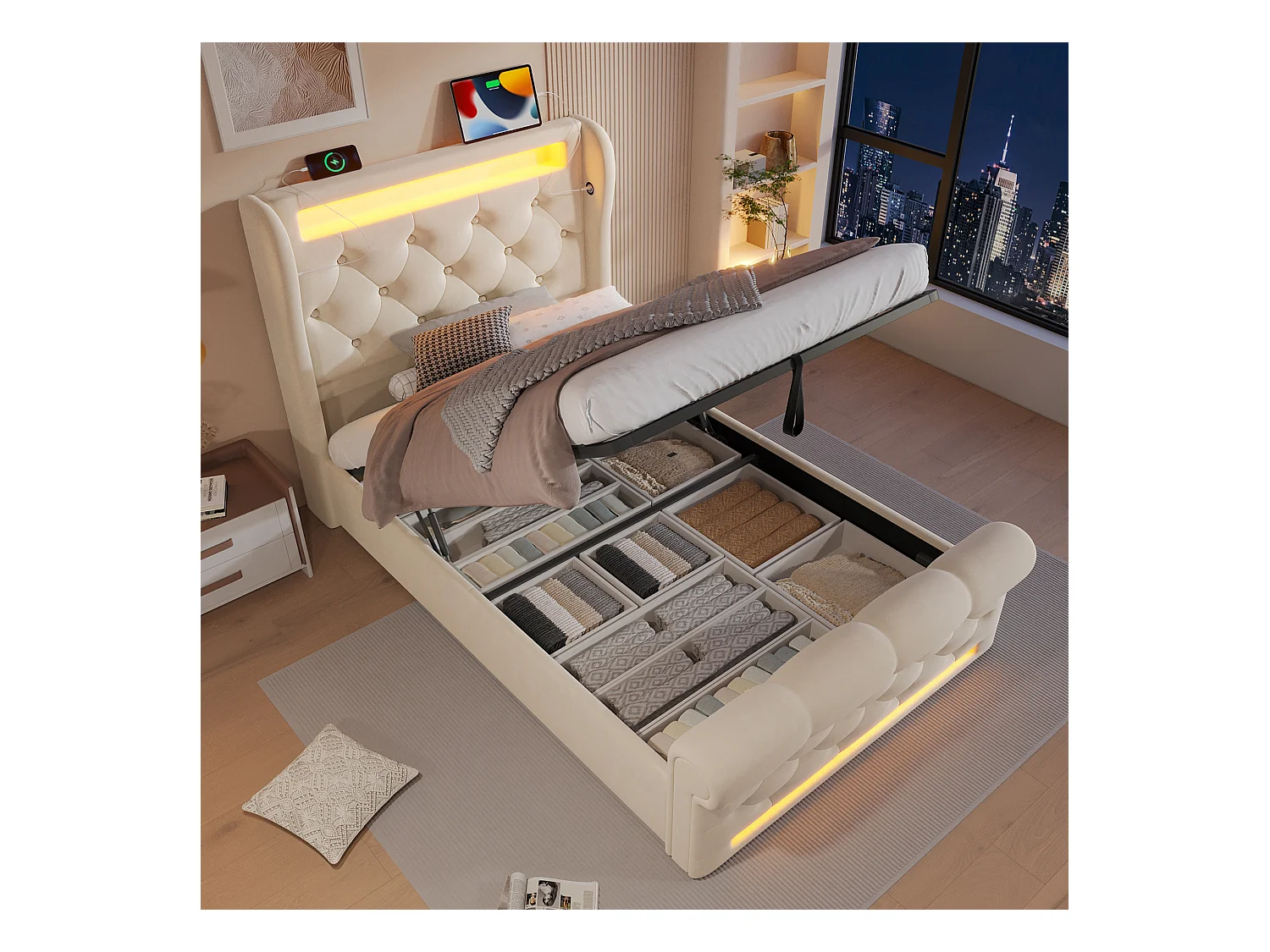 Polsterbett mit Stauraum - 90 x 200 cm - mit LEDs - Stauraum-Kopfteil und USB - Samt - Beige