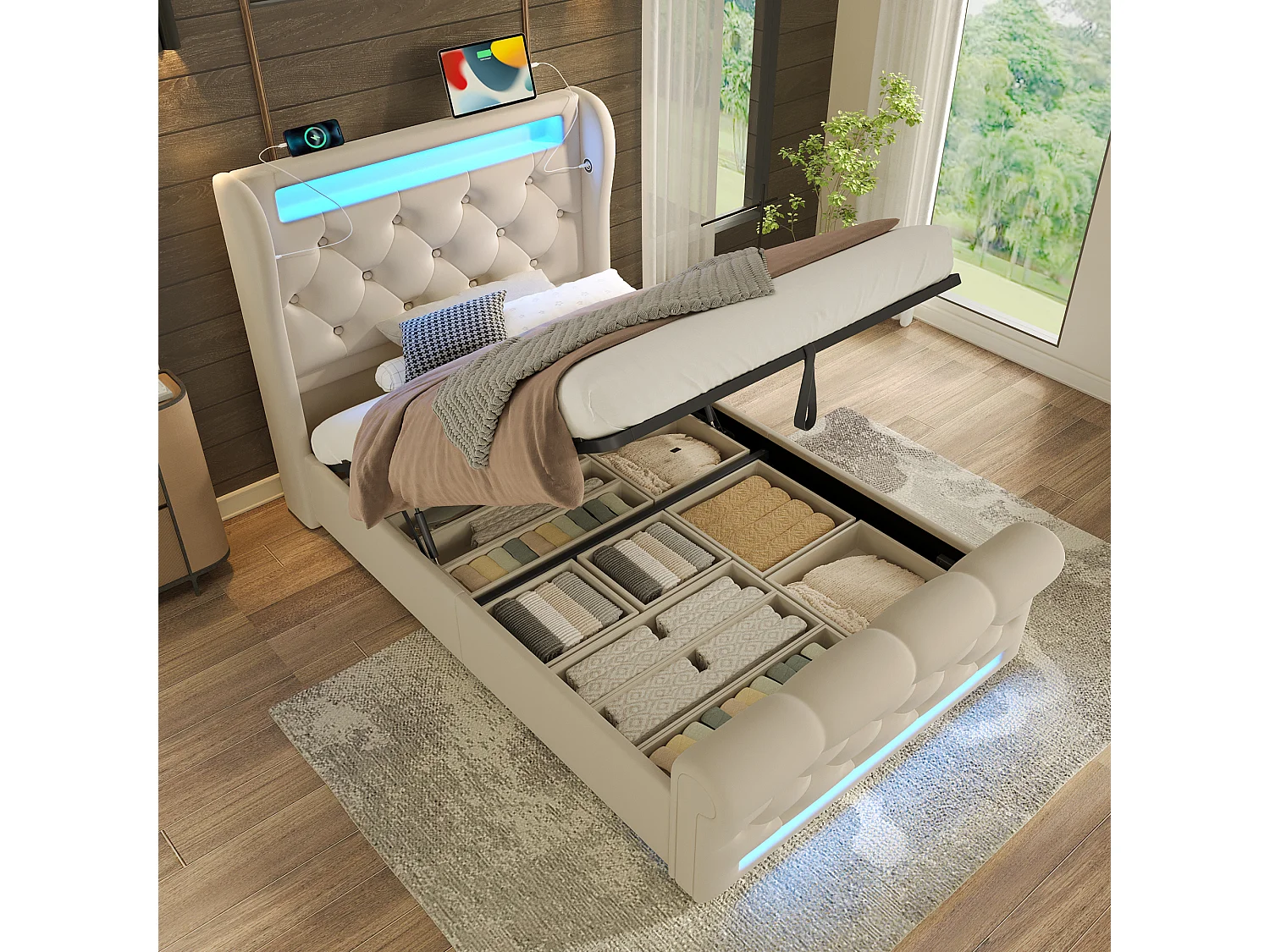 Cama con almacenaje tapizada - 90 x 200 cm - con LED - cabecero con almacenaje y USB - terciopelo - beige
