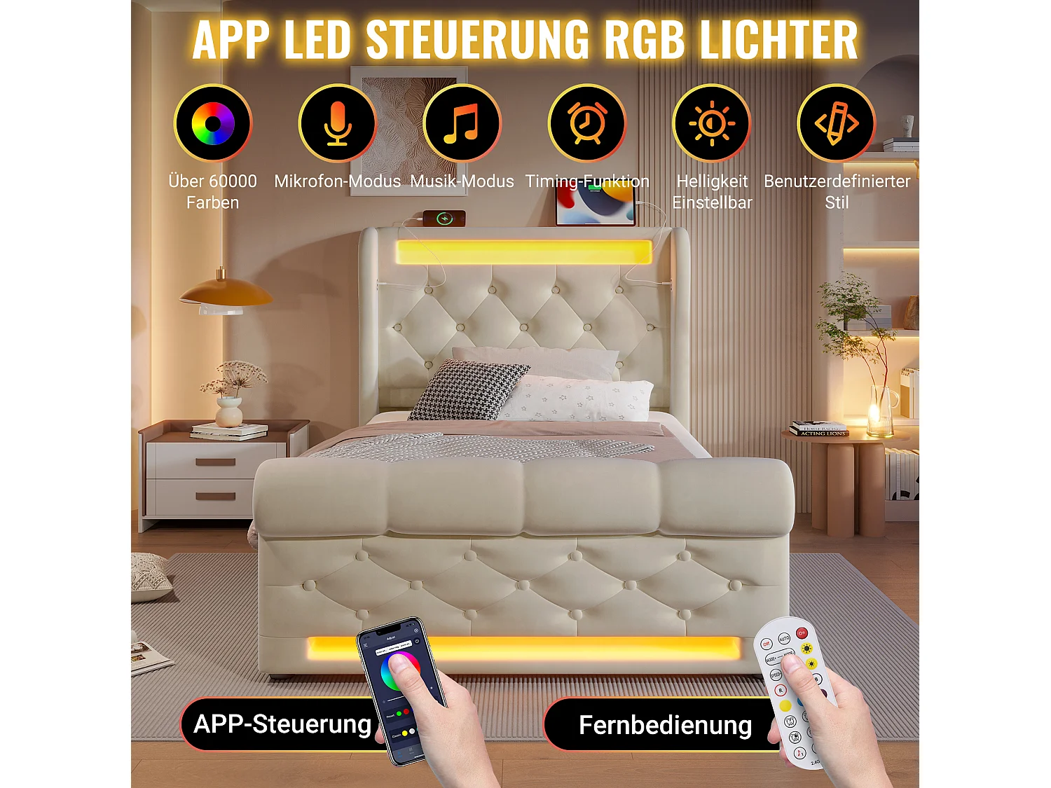 Cama con almacenaje tapizada - 90 x 200 cm - con LED - cabecero con almacenaje y USB - terciopelo - beige