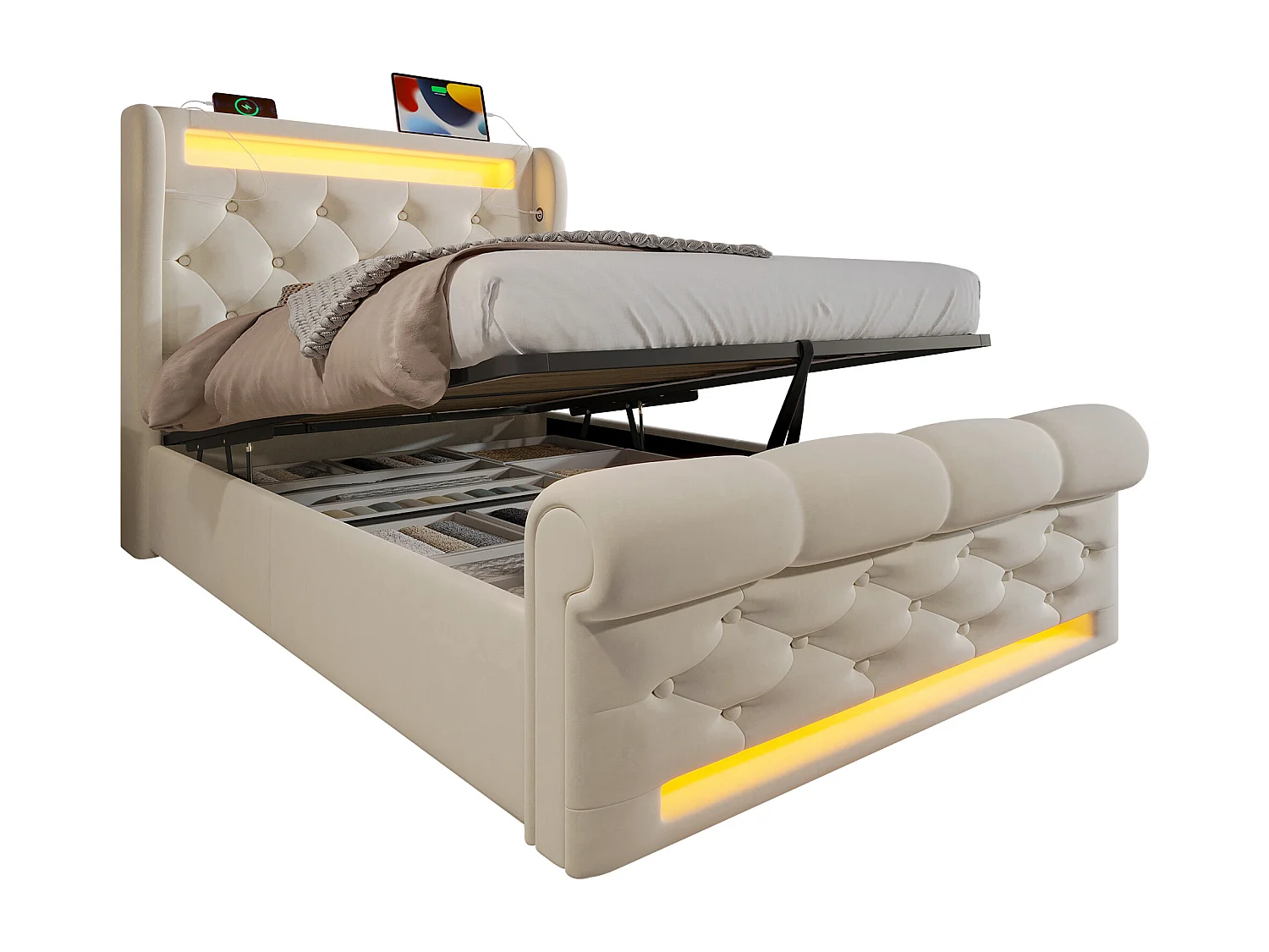 Cama con almacenaje tapizada - 90 x 200 cm - con LED - cabecero con almacenaje y USB - terciopelo - beige