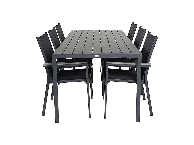 Break set de jardin table 90x205cm noir, 6 chaises noires.