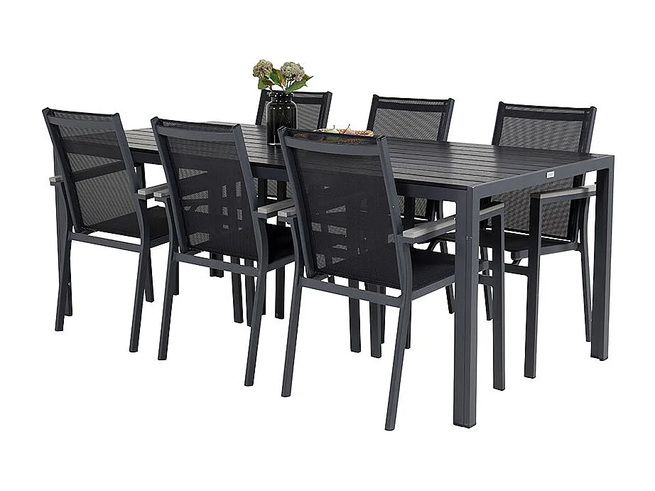 Break tuinmeubelset tafel 90x205cm zwart, 6 stoelen zwart.
