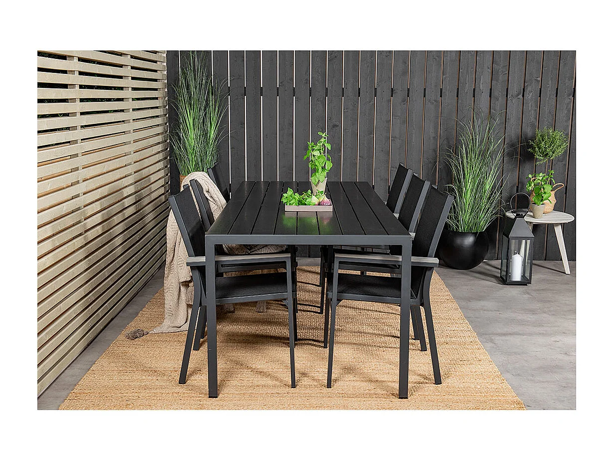 Break tuinmeubelset tafel 90x205cm zwart, 6 stoelen zwart.