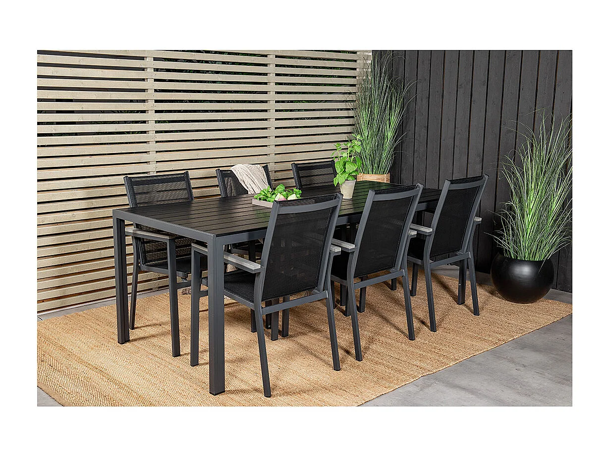 Break tuinmeubelset tafel 90x205cm zwart, 6 stoelen zwart.